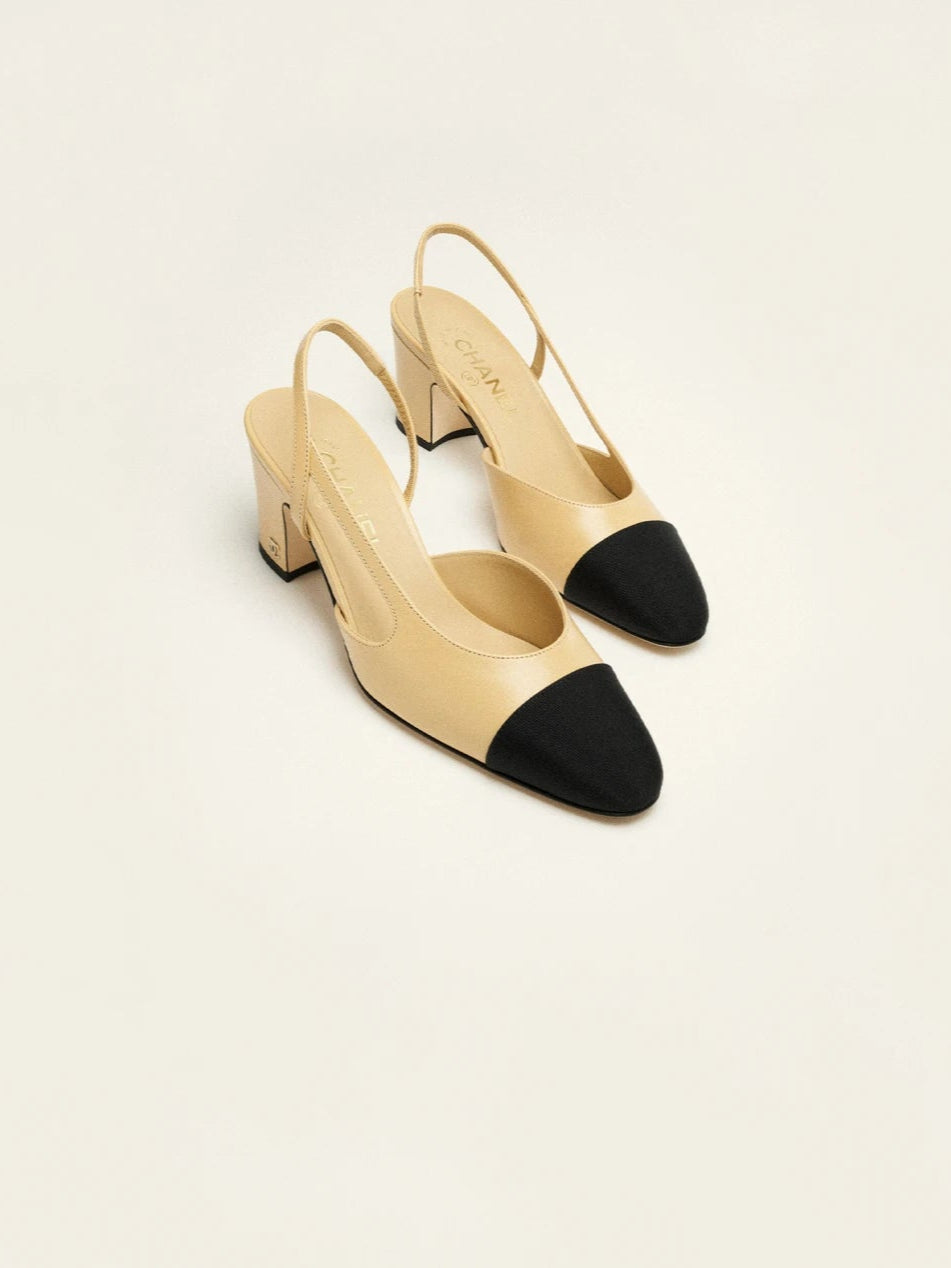 Chanel Heels Leather And Fabric Beige and Black