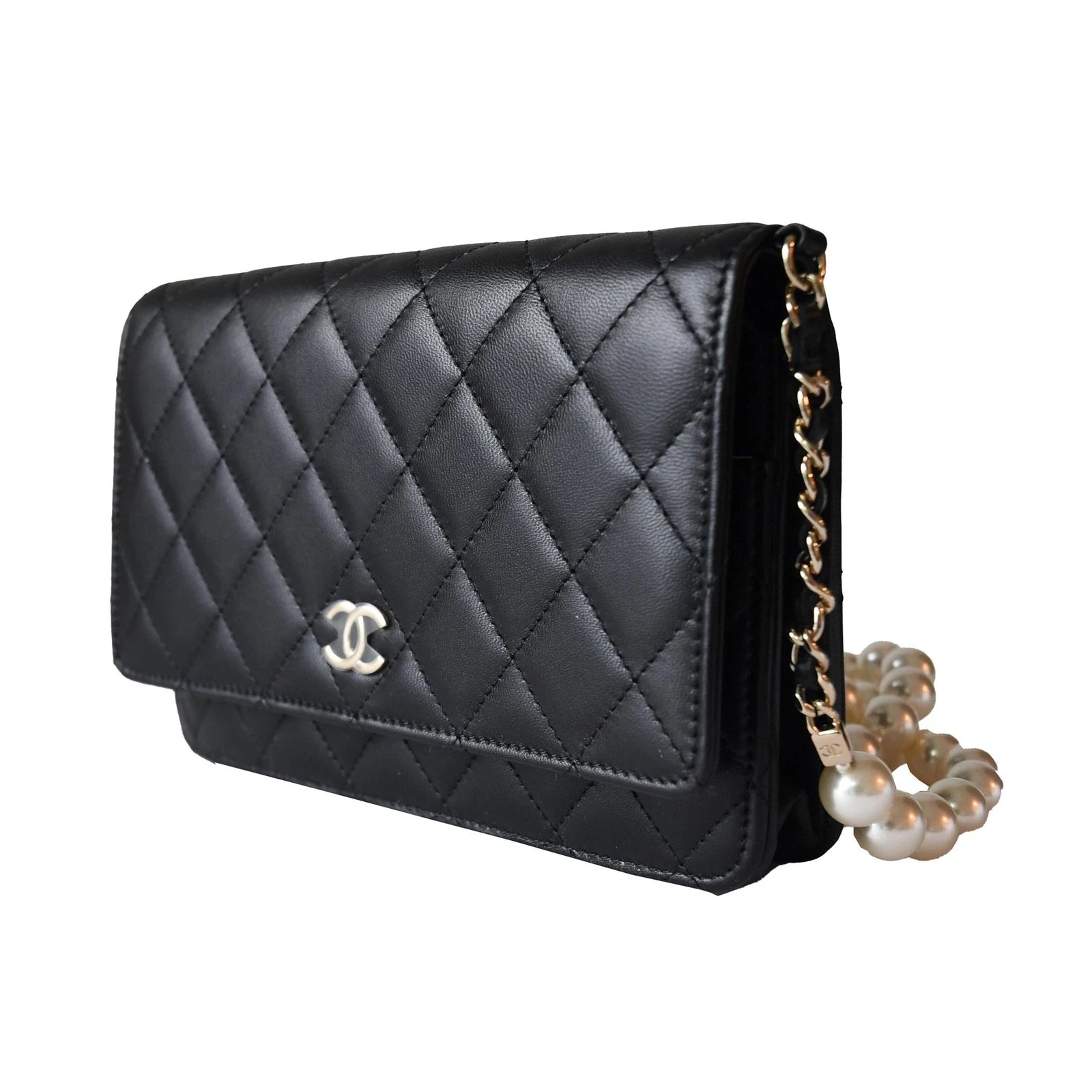 Chanel Lambskin Quilted Pearl Wallet On Chain WOC Black