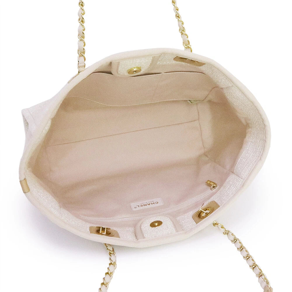CHANEL Deauville MM Tote Cotton canvas & Leather, White & Beige