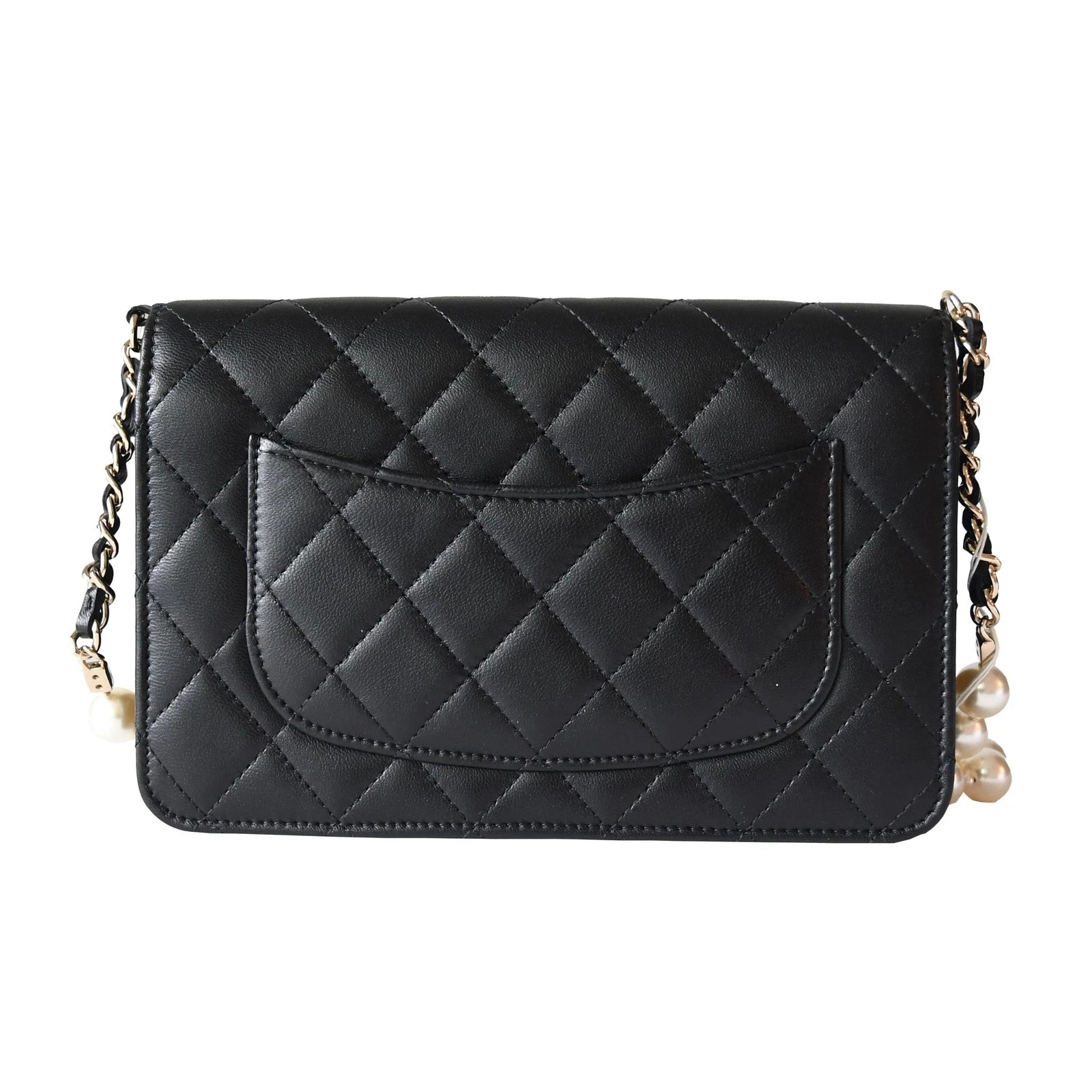 Chanel Lambskin Quilted Pearl Wallet On Chain WOC Black