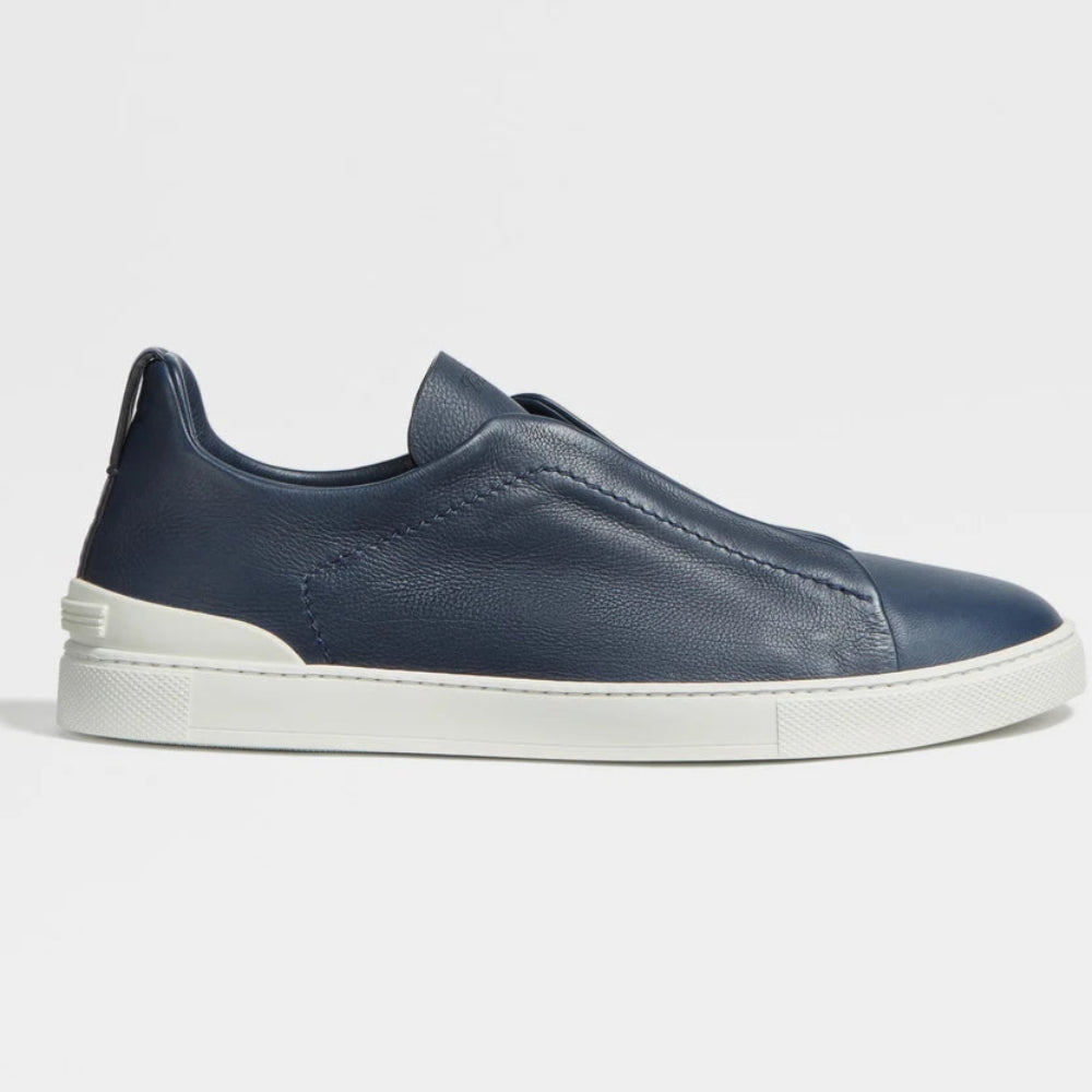 Zegna Navy Canvas Triple Stitch Leather