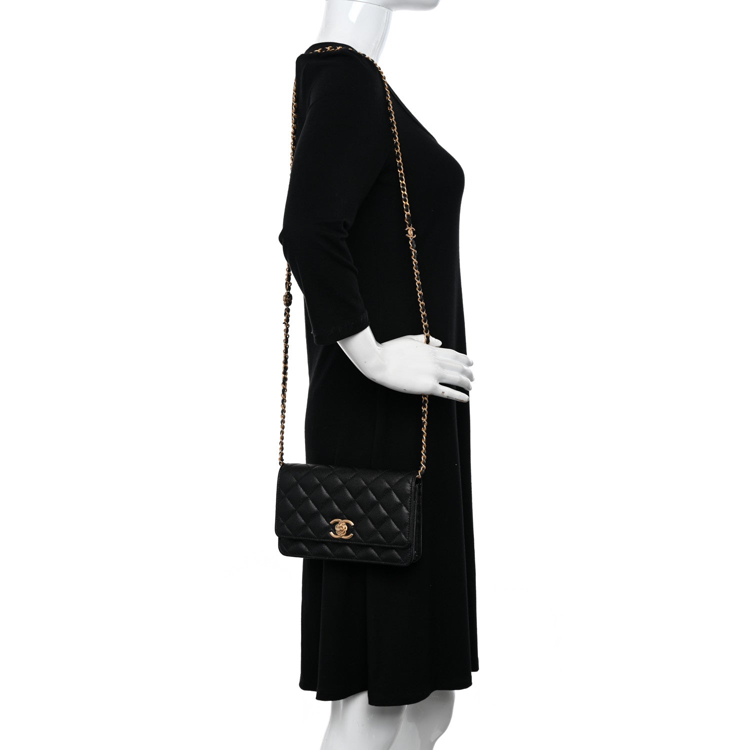 Chanel Caviar Quilted Camellia Wallet On Chain WOC Black