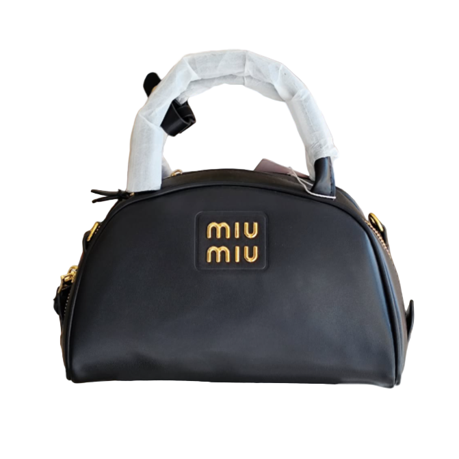 Miu Miu Black handbag with 'Miu Miu' logo on a white background