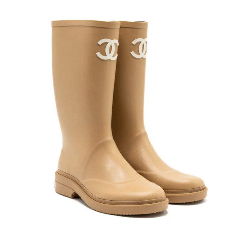Chanel Wellington Rain Boots Rubber Beige
