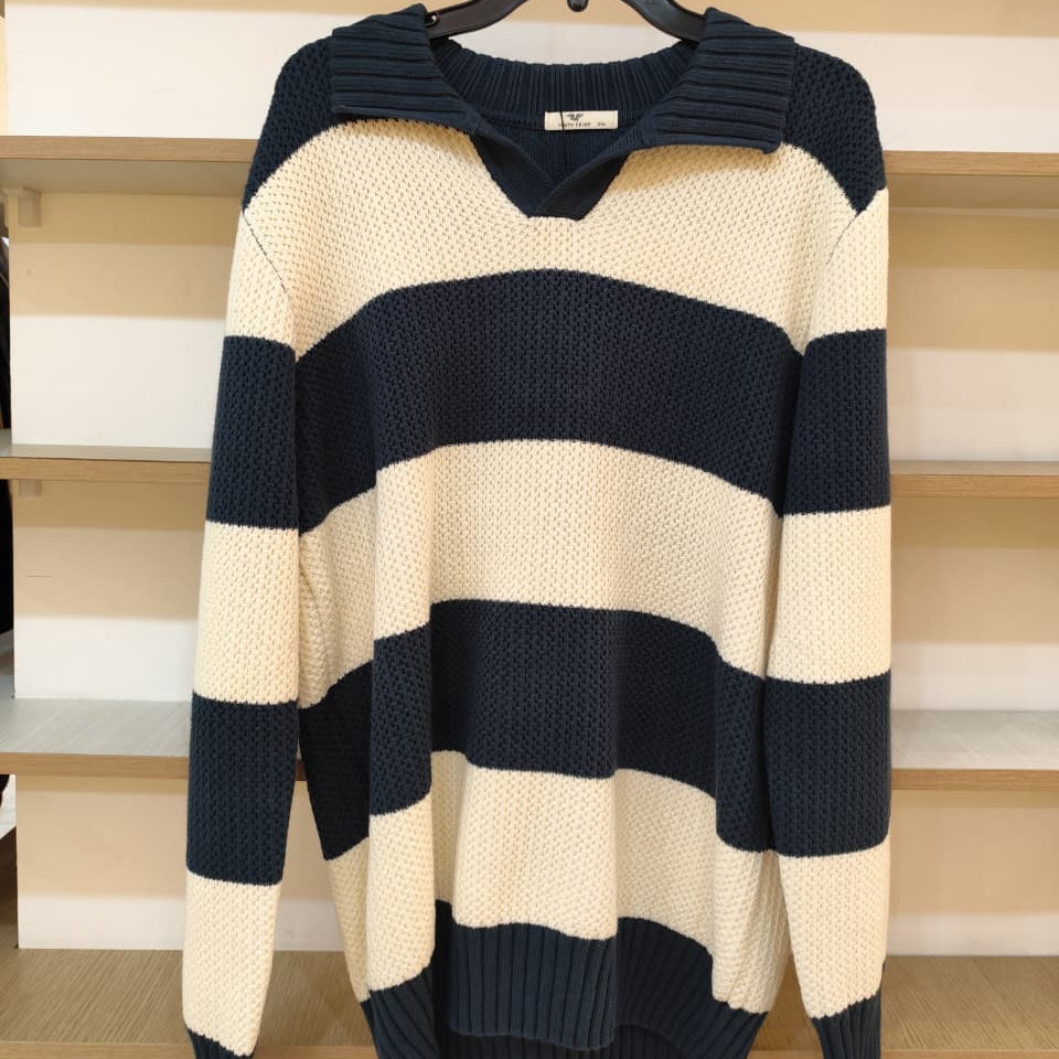 Striped Long-Sleeve Polo Sweater