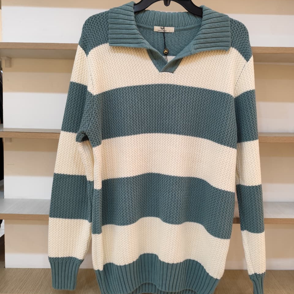 Striped Long-Sleeve Polo Sweater