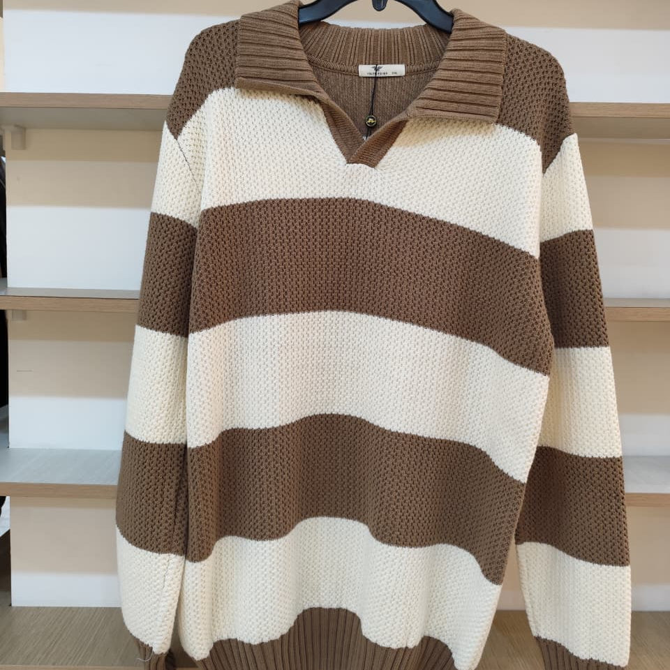 Striped Long-Sleeve Polo Sweater