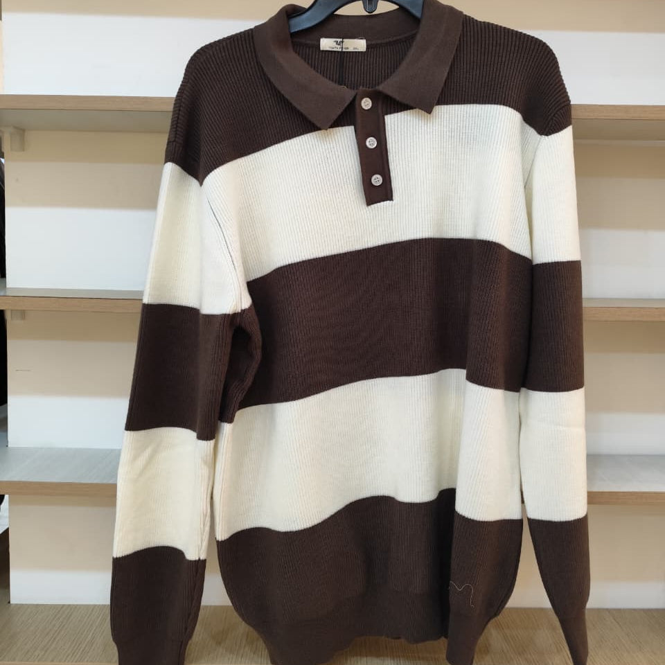 Striped Long-Sleeve Polo Sweater