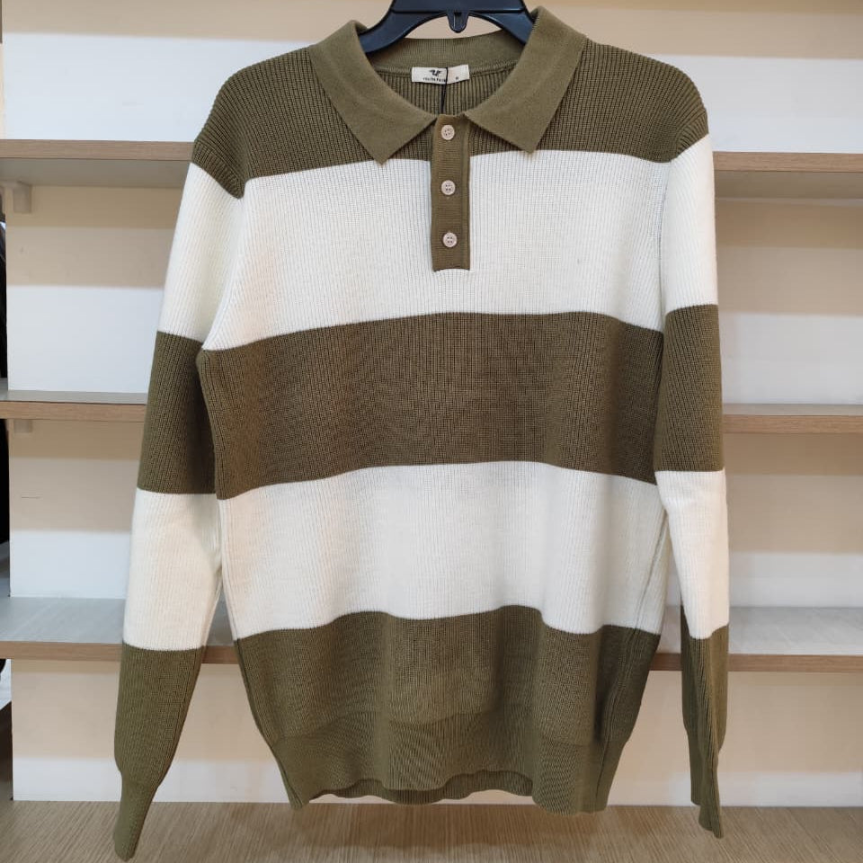 Striped Long-Sleeve Polo Sweater