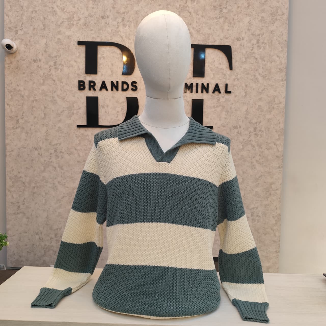 Striped Long-Sleeve Polo Sweater