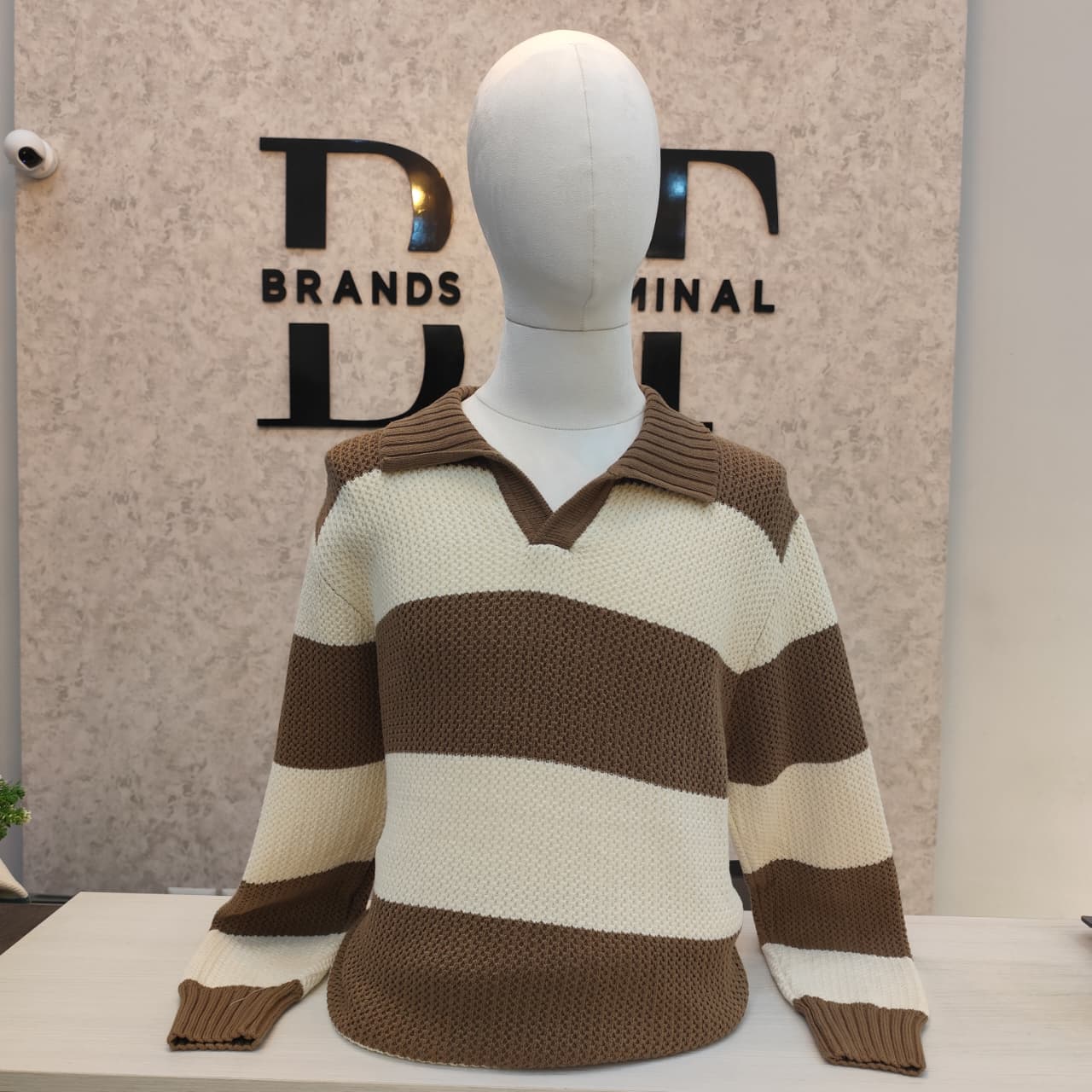 Striped Long-Sleeve Polo Sweater