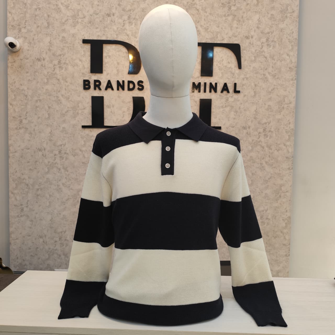Striped Long-Sleeve Polo Sweater