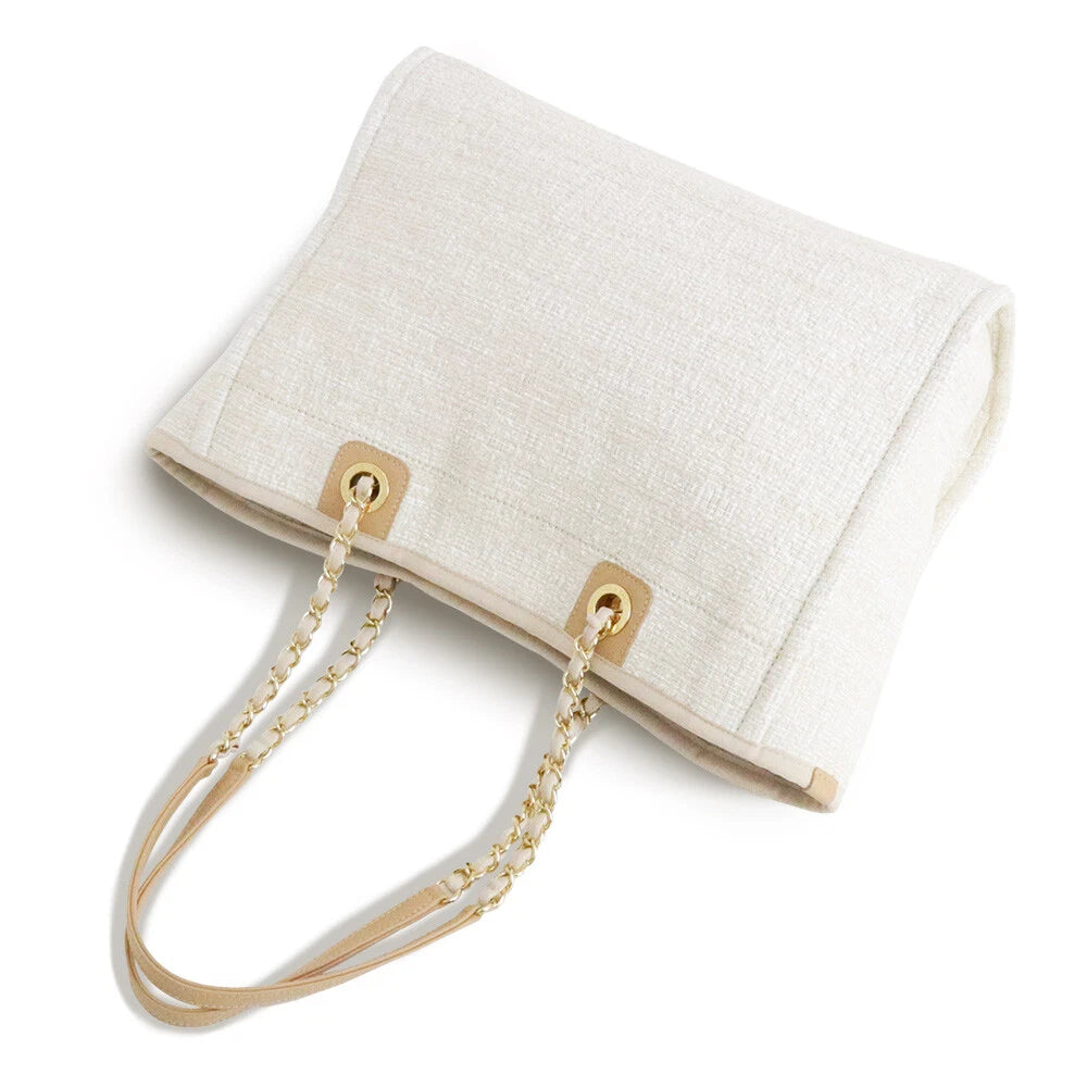 CHANEL Deauville MM Tote Cotton canvas & Leather, White & Beige
