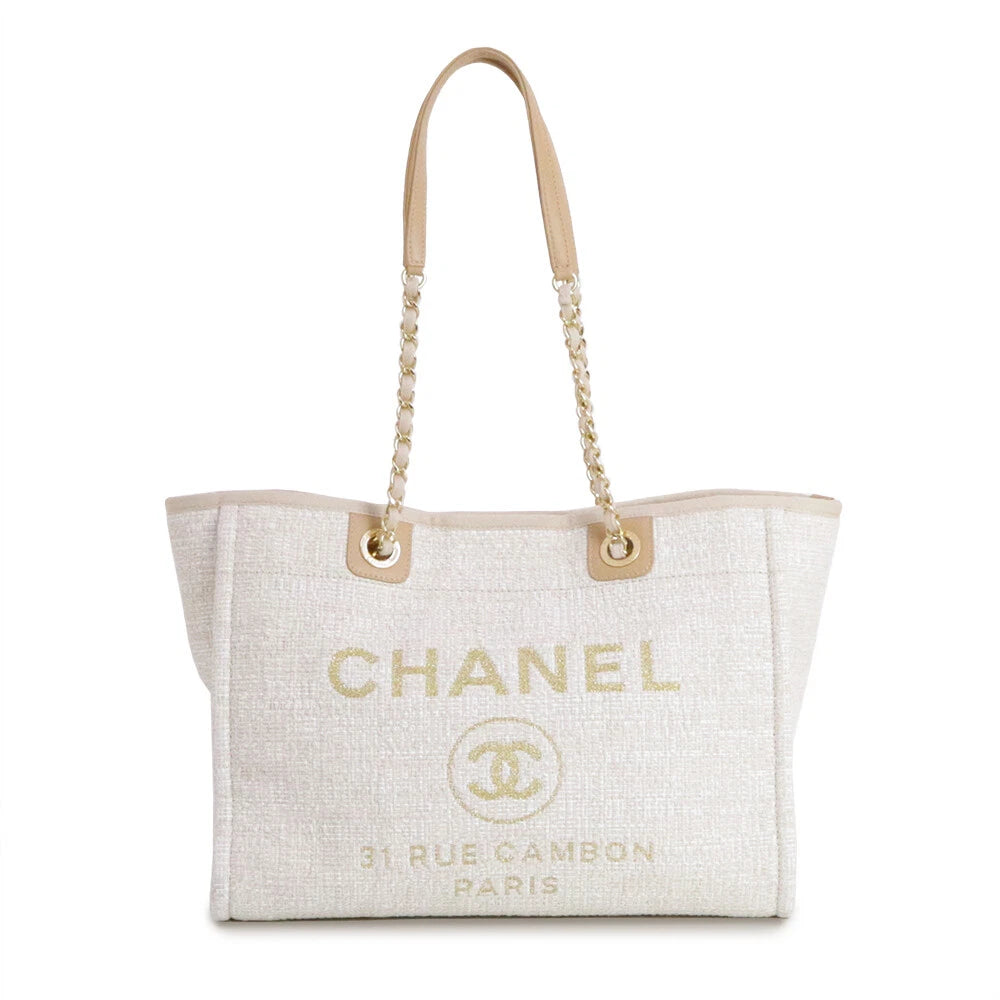 CHANEL Deauville MM Tote Cotton canvas & Leather, White & Beige