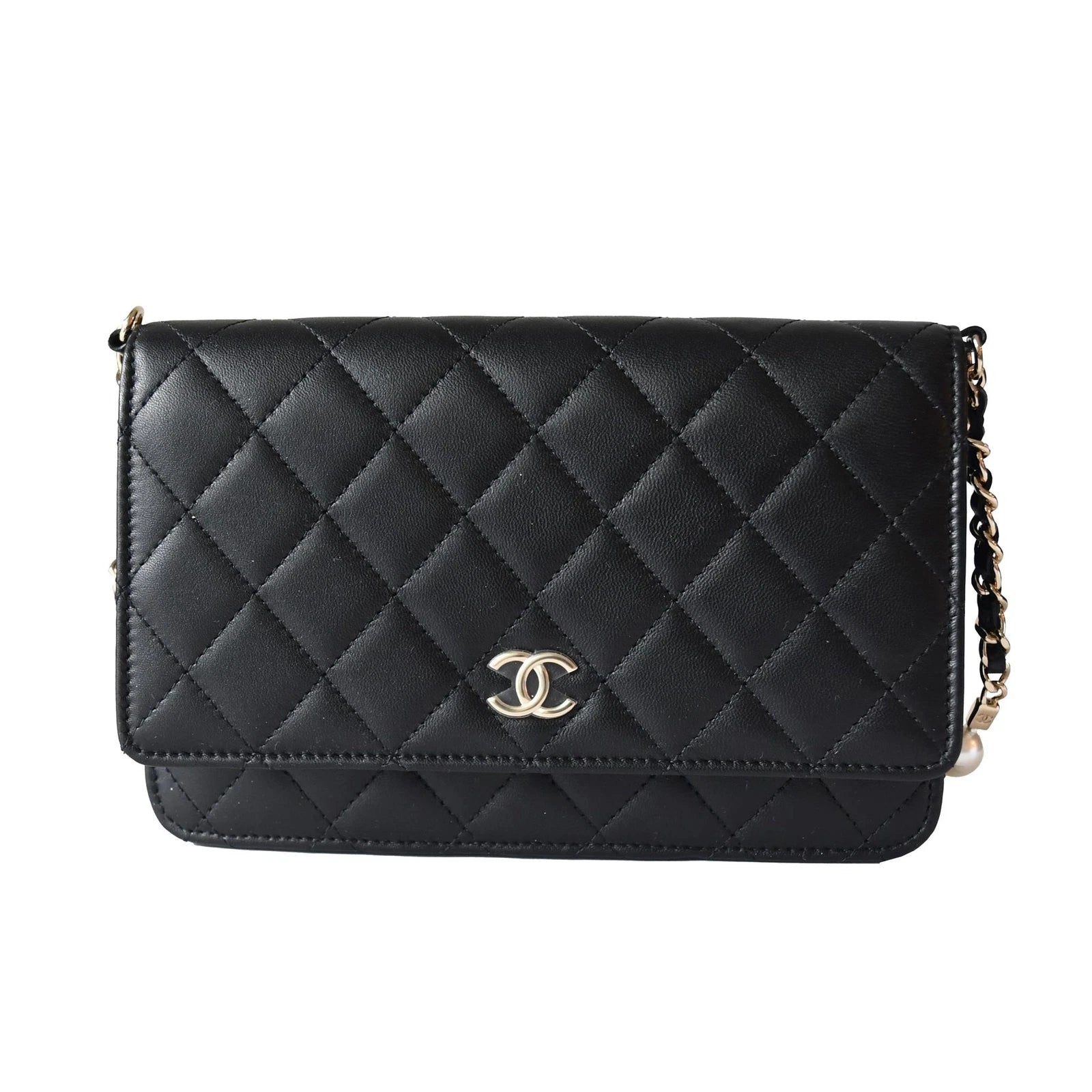 Chanel Lambskin Quilted Pearl Wallet On Chain WOC Black