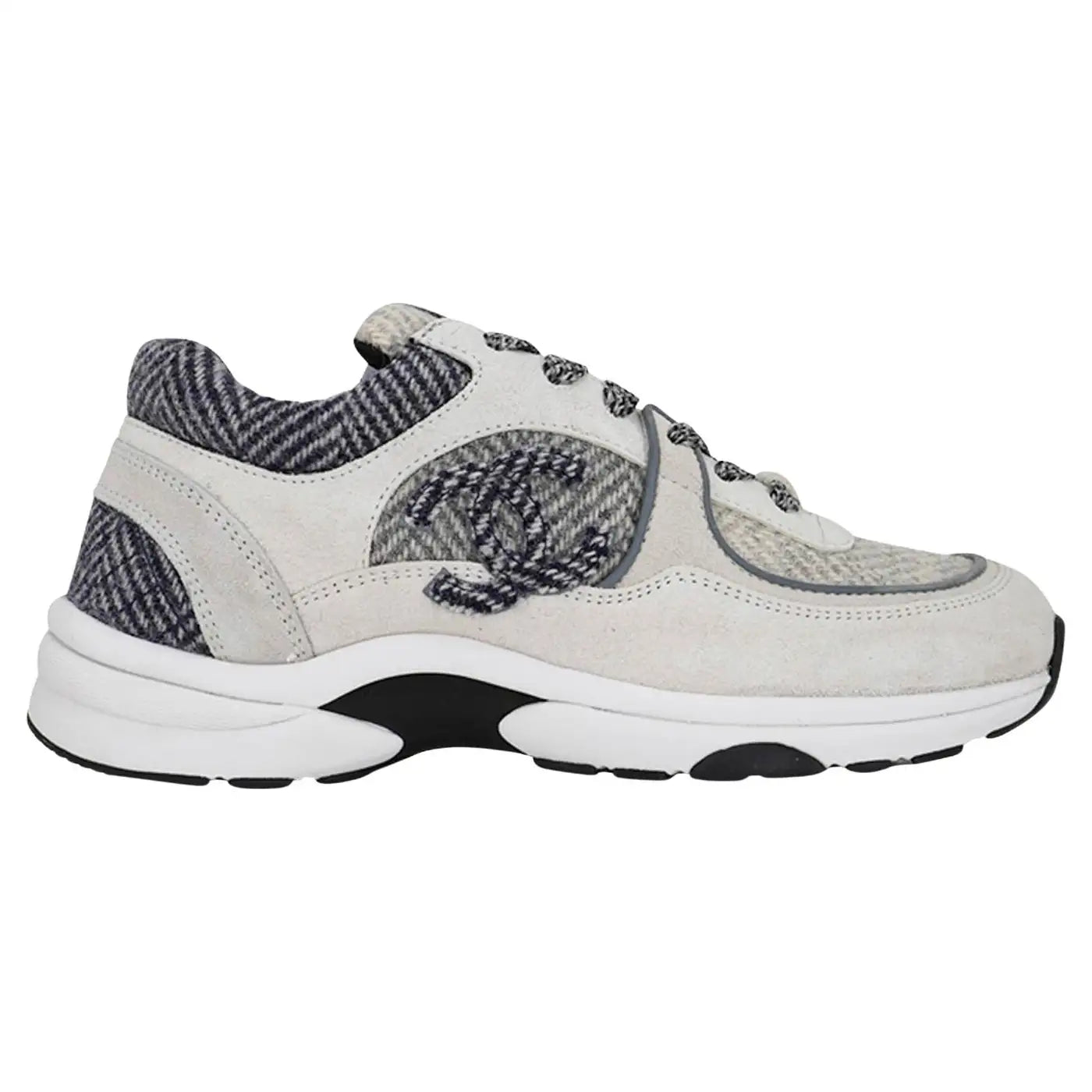 Chanel Tricolor Gray Tweed and Suede CC Low Top Sneakers